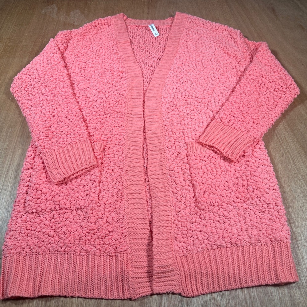 Zenana Premium Cardigan Women L Coral Orange Popcorn Knit Open Front Pockets